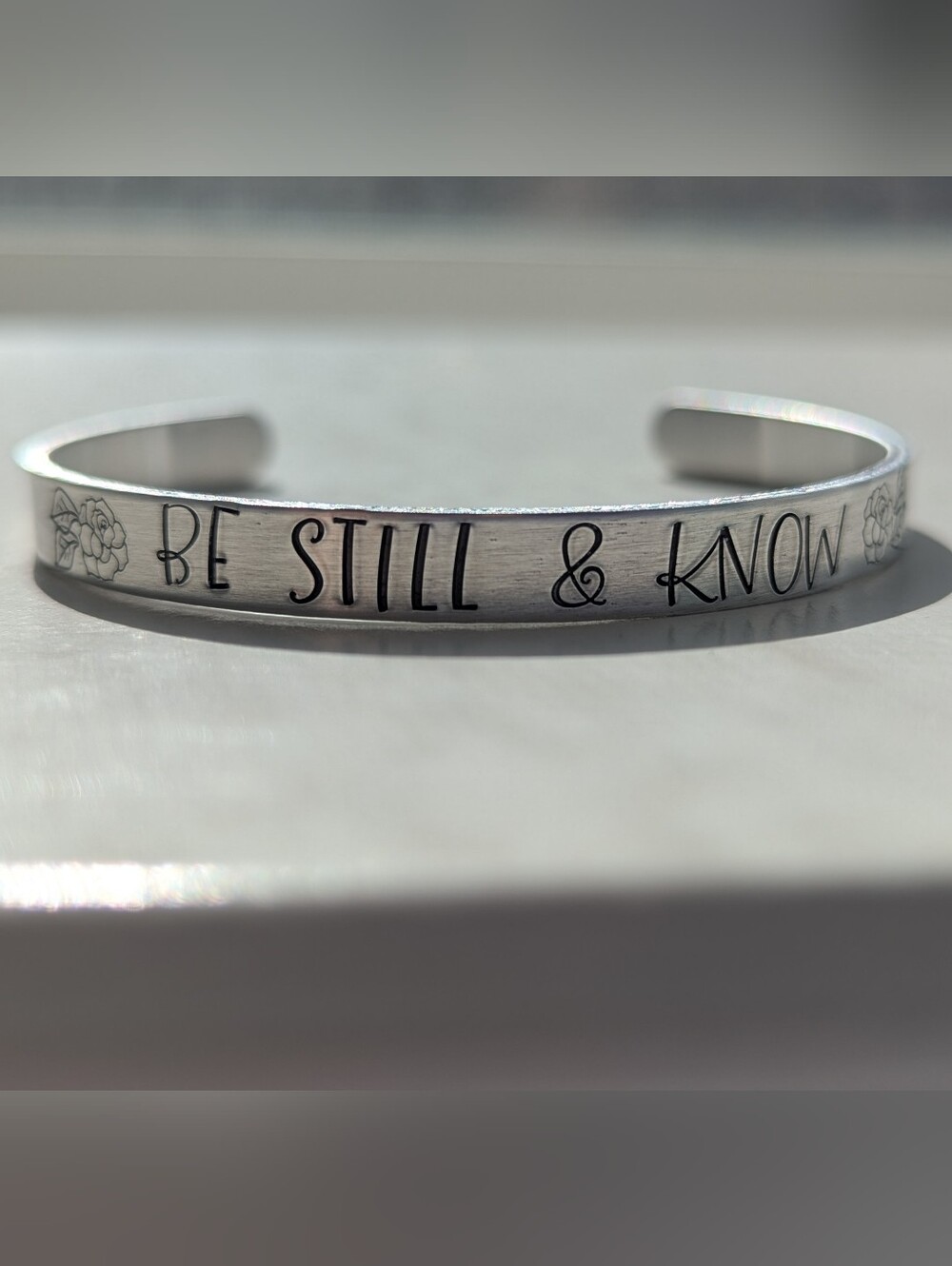 NWT "Be Still & Know" Ribbon Hand-Stamped Aluminum Cuff Bracelet